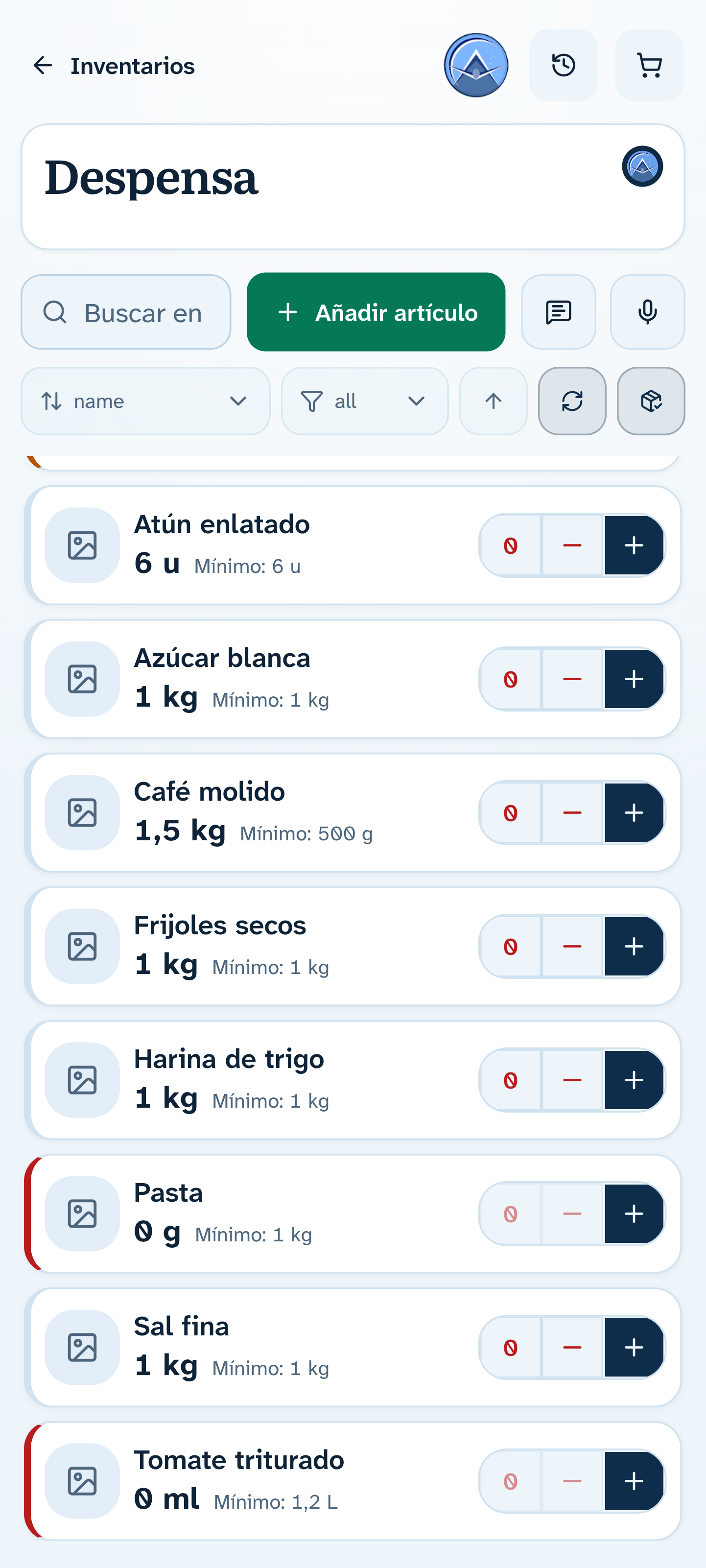 Kekeda inventory showing controls to subtract and add stock.